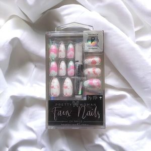 New Pretty Woman Faux Nails 24 Set w/ Glue, Pink Marble Almond Tip #PDV2994